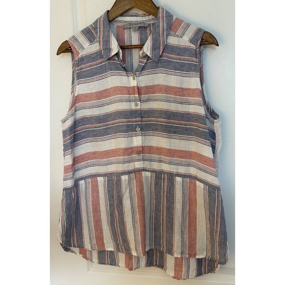 Marc New York Linen Shirt Large White Red Blue Button Front Lightweight Flowy - Picture 2 of 10